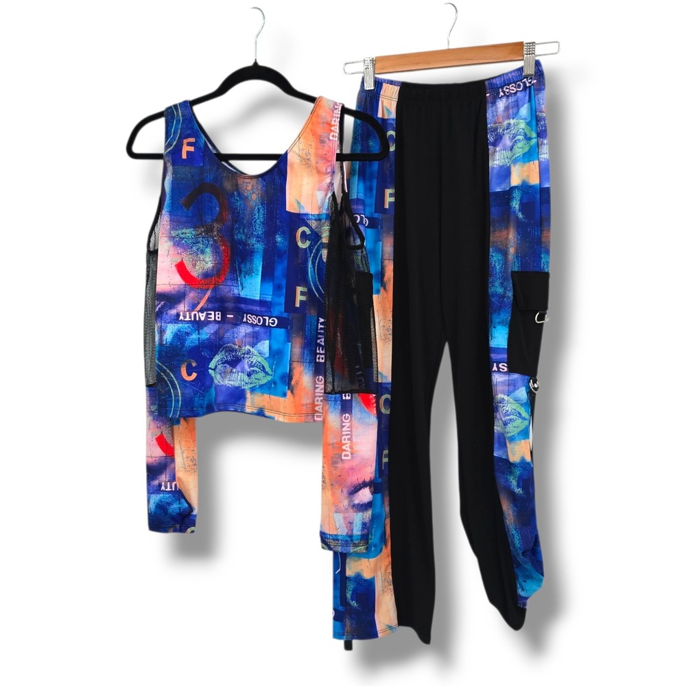 Y2K 2 Piece Outfit Mesh Sleeve & Pants Set Roll Tab Pants Beauty Print Medium